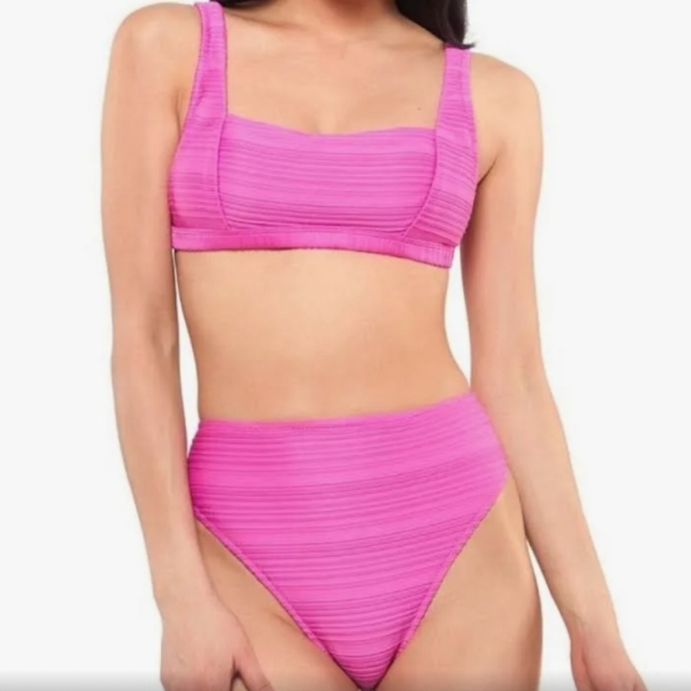 NWT SET Jessica Simpson 2 Piece Swimsuit Bikini M Pink Fuschia Ribbed High Waist